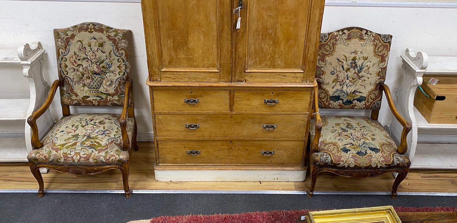 A pair of Louis XV style needlepoint armchairs, width 65cm, depth 60cm, height 112cm